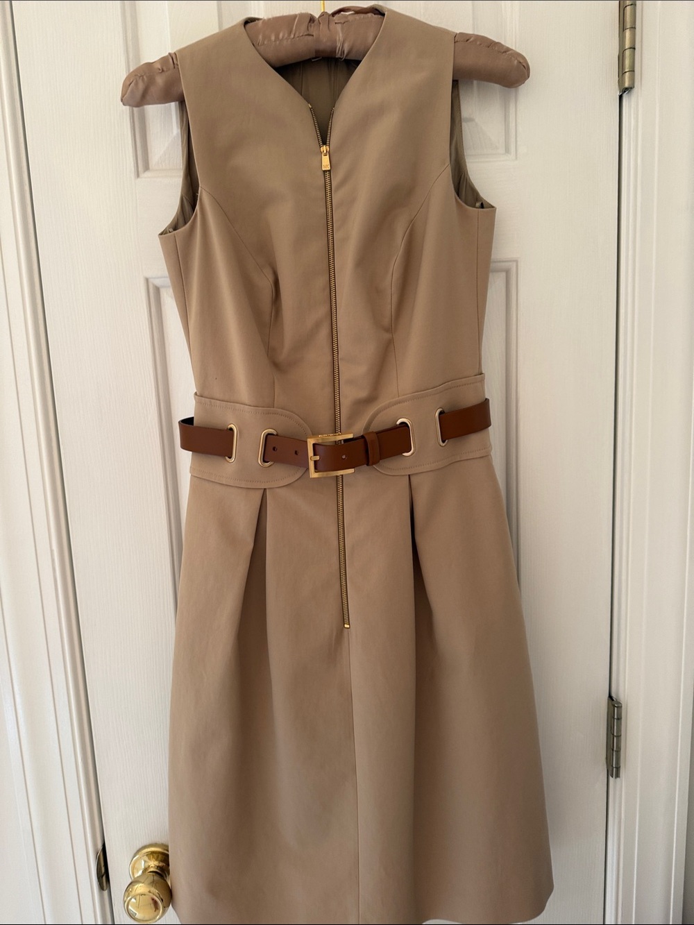 Michael Kors Taupe Sleeveless Midi Dress with Brown Belt and Gold Zip